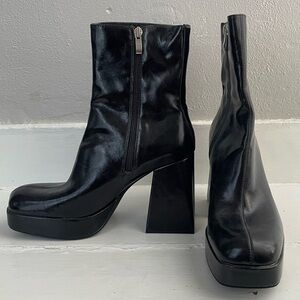 Pull & Bear Black Platform Block Heel Square Toe Boots